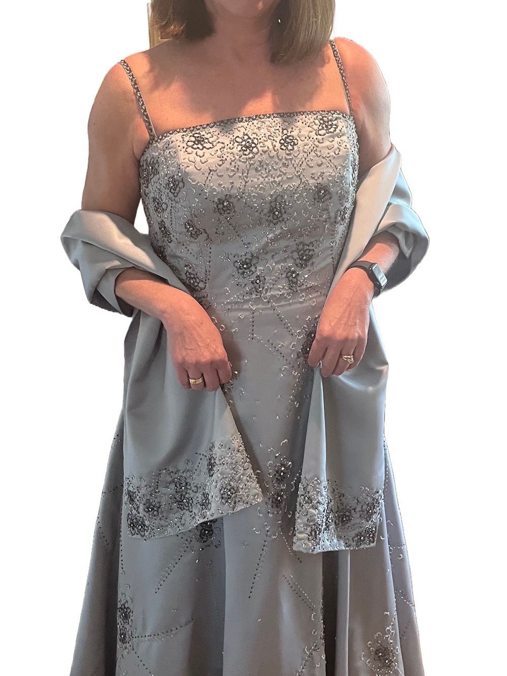Gorgeous blue grey beaded satin evening gown/wedding dress with beaded wrap.